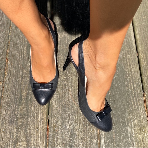 🖤 TANCA BLACK LEATHER BOW DETAIL ROUND TOE OPEN HEEL CLASSIC HEELS! - Picture 12 of 16
